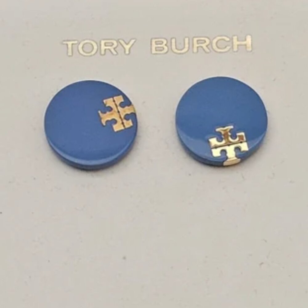 Tory Burch Blue and Gold Enamel Logo Stud Earrings
